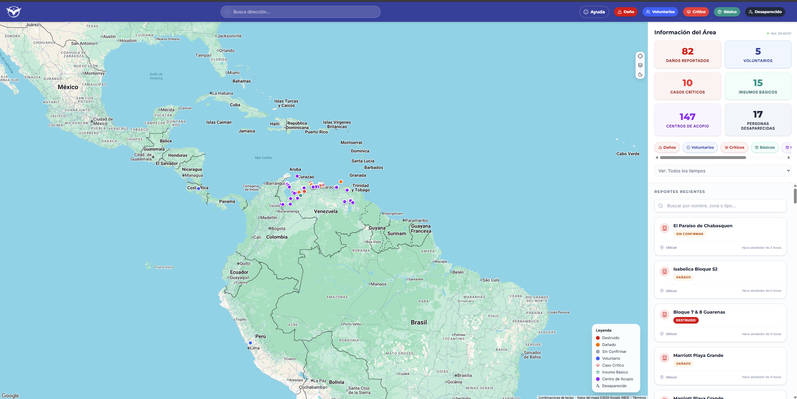 Mapa principal de Rumbo Libertad con marcadores y barra superior de categorías