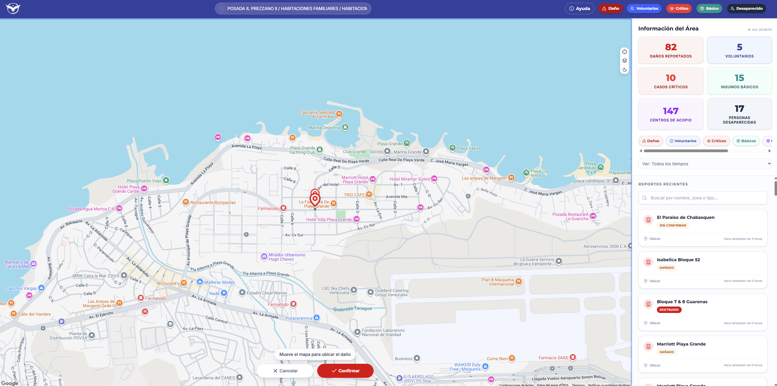 Botones Cancelar y Confirmar Ubicación en la parte inferior del mapa