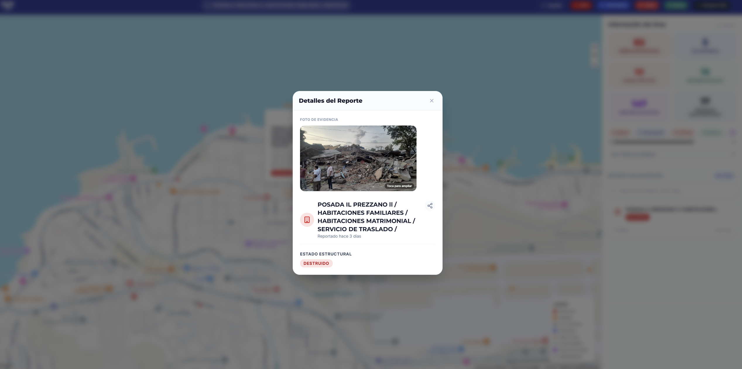 Detalle del reporte publicado en el mapa con fotografía y estado